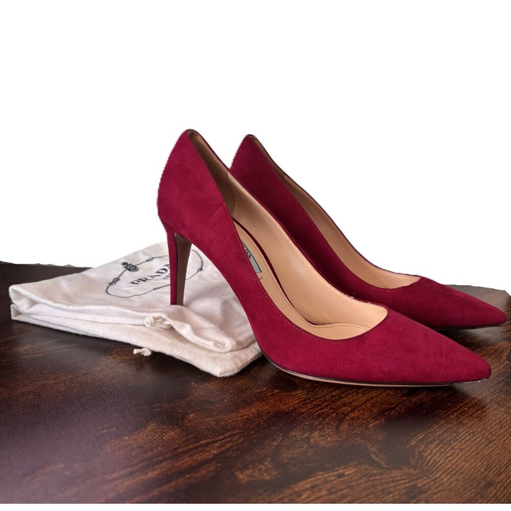 PRADA Burgundy Suede Pointed Toe Pumps Size 37.5 + Shoe Bag - Picture 2 of 6